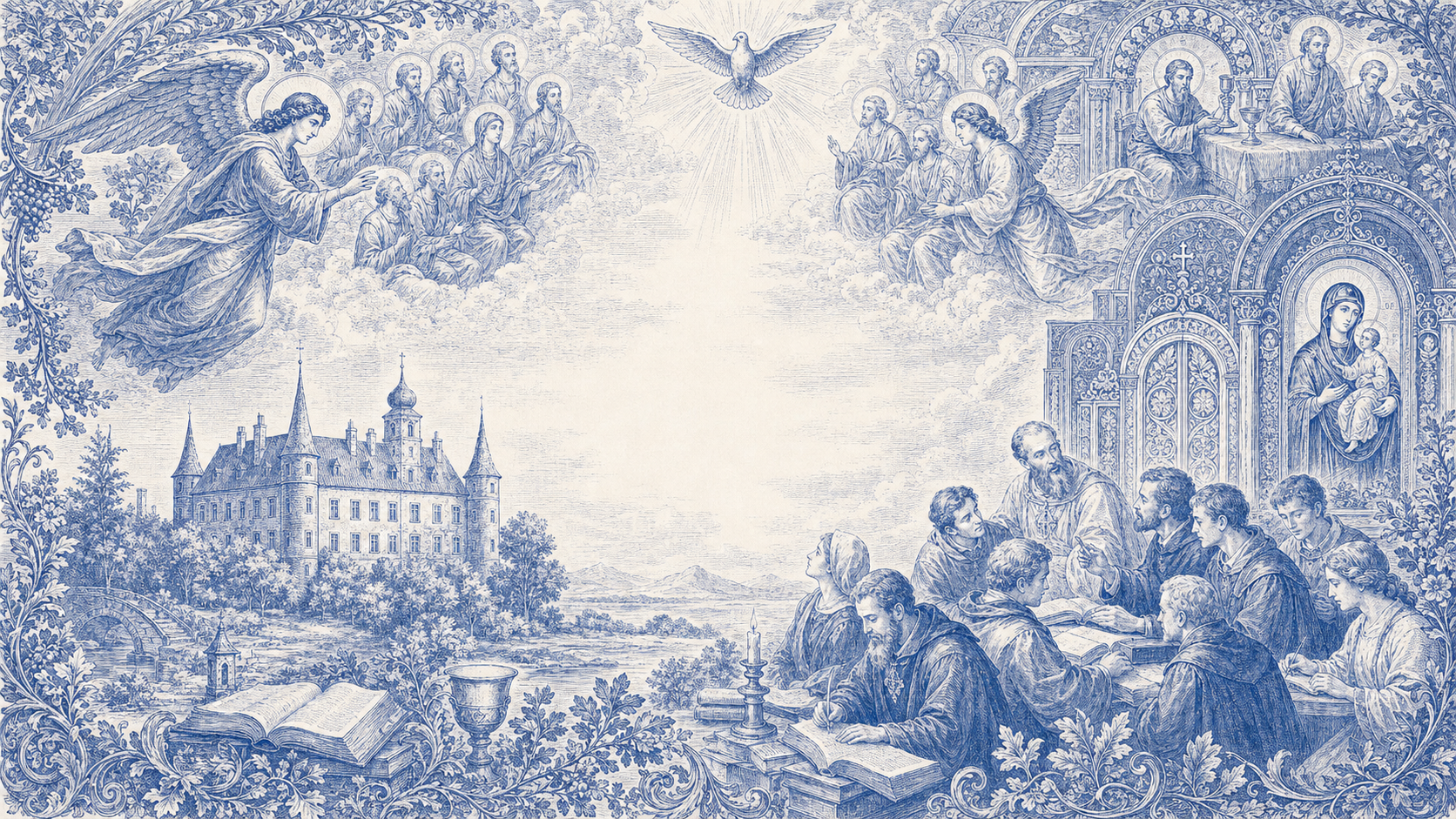 Blue archival devotional illustration with figures, chapel, and open books