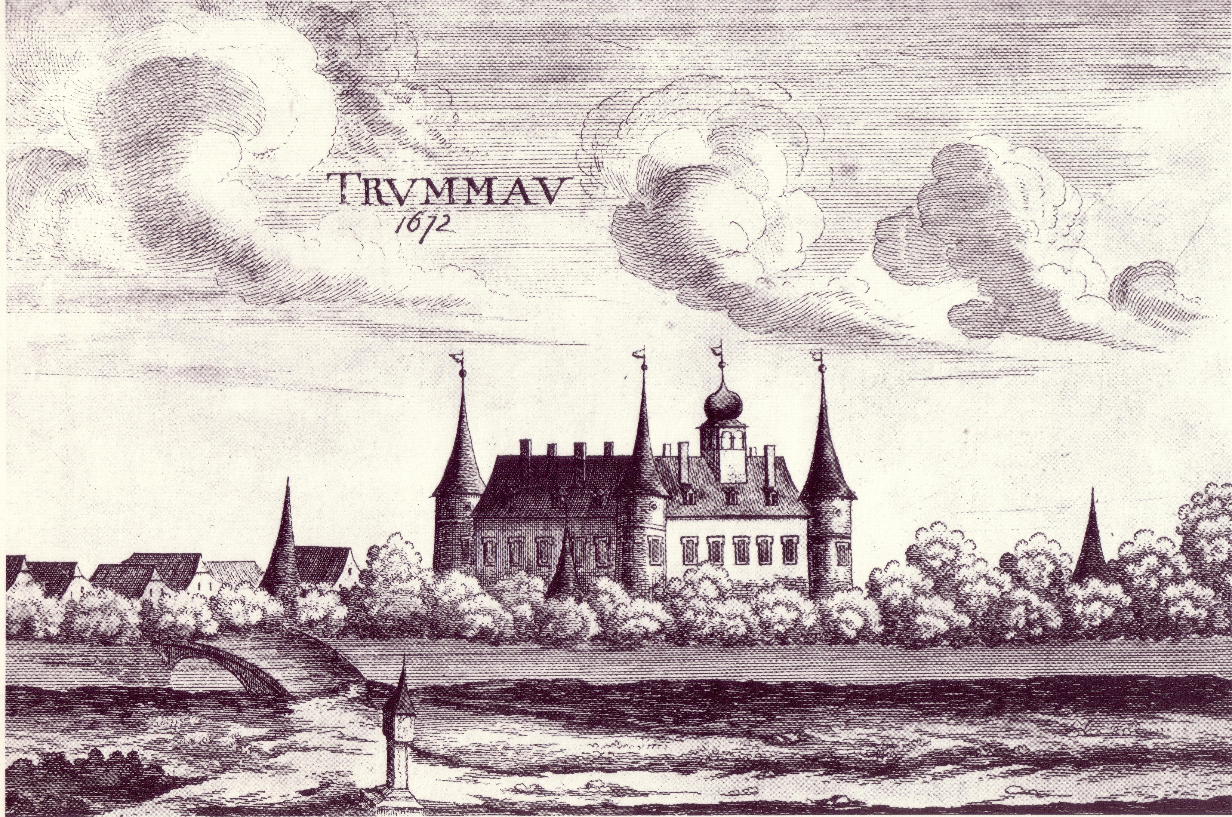 Historic Schloss Trumau exterior with the year 1672 in the sky